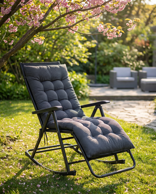 Dark grey channel-tufted recliner rocking chair pad on a garden lounger