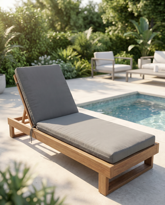 Ash-grey chaise lounge cushion on a wooden sun lounger beside a pool