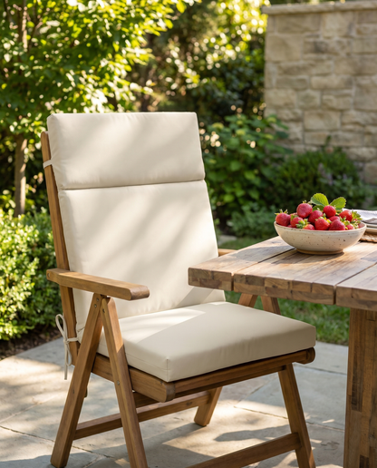 Beige high-back rocking chair cushion set on a wooden patio armchair