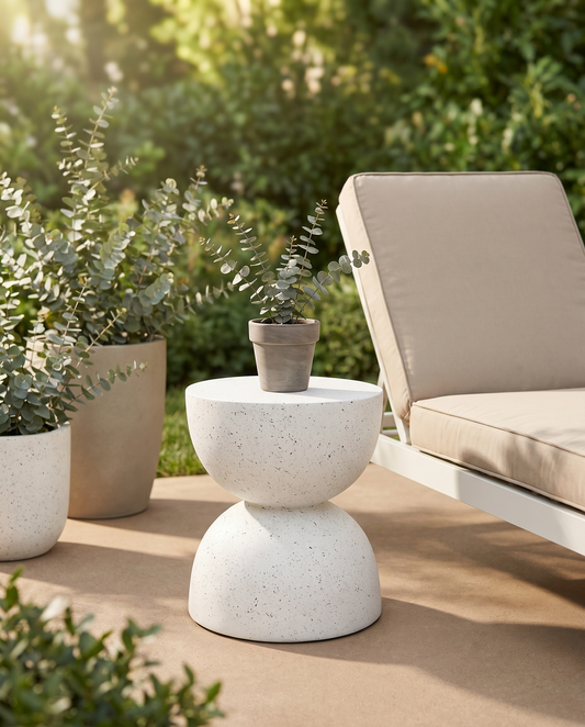 White faux-terrazzo garden stool and accent table on a sunny patio