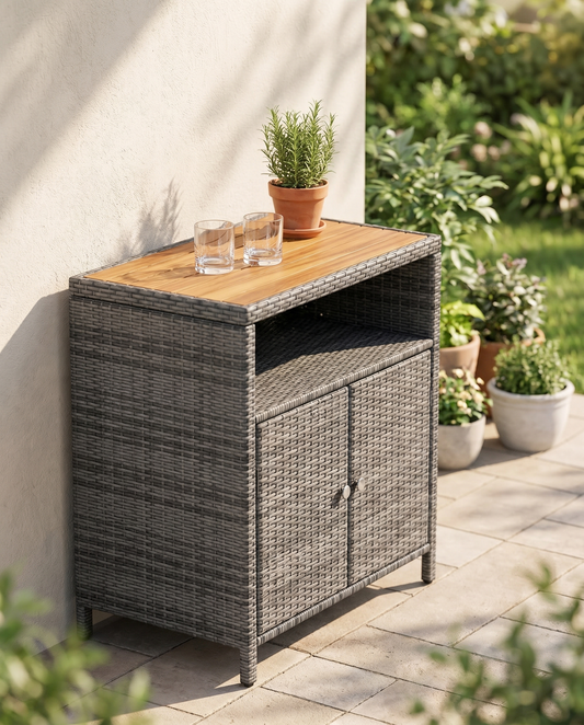 Grey rattan outdoor storage cabinet with acacia wood top on a patio