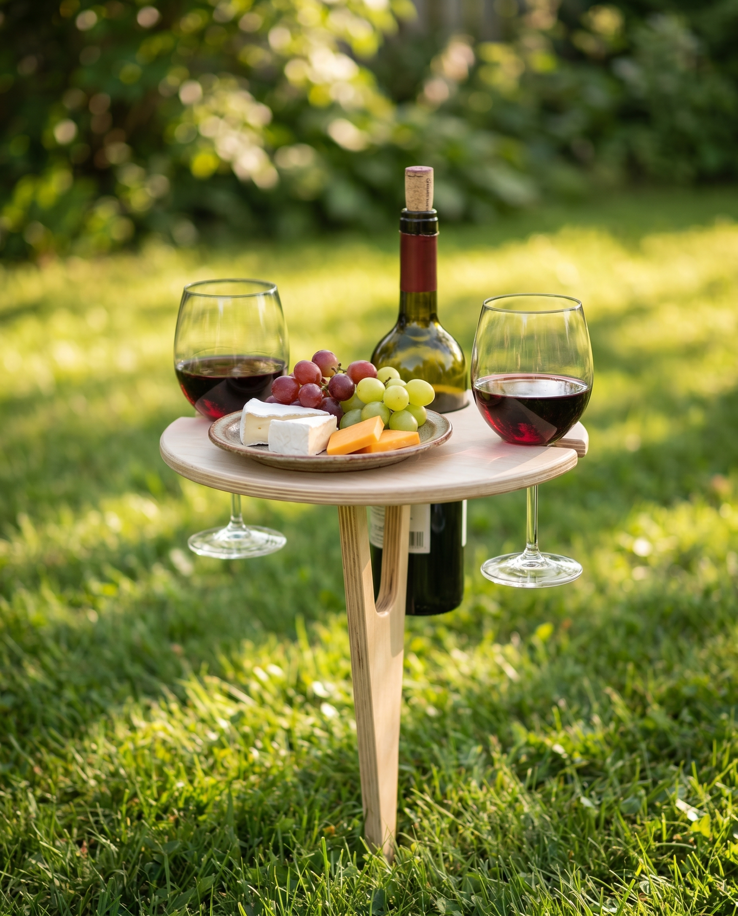 Portable folding wooden wine table staked in a garden lawn with wine and cheese