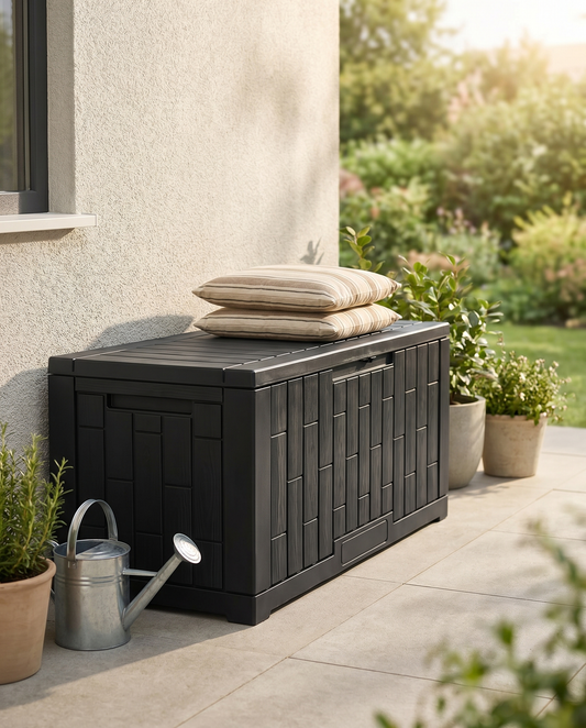 Black resin outdoor storage deck box against a house wall with cushions on top