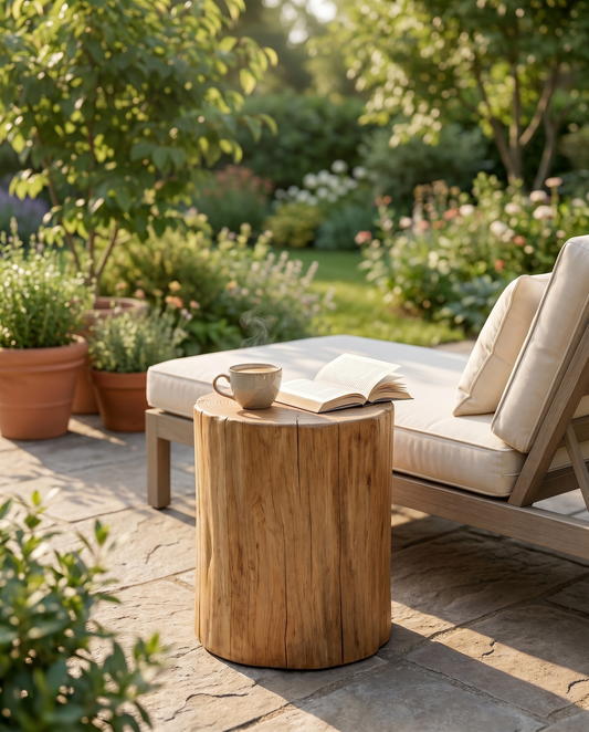Natural wood tree-stump garden side table beside a lounger with coffee and a book