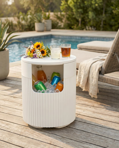 Cream HDPE cooler side table filled with ice and drinks poolside