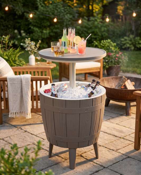 Wood-barrel cooler bar table with raised top and drinks at a golden-hour gathering