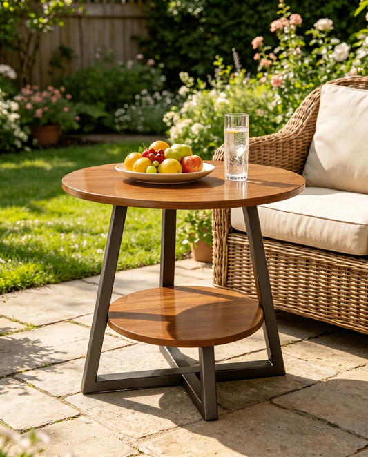 Round two-tier wooden side table with black frame beside a rattan sofa