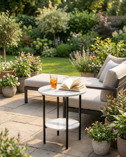 Round faux-marble double-shelf side table on a sunny patio with iced drink and book