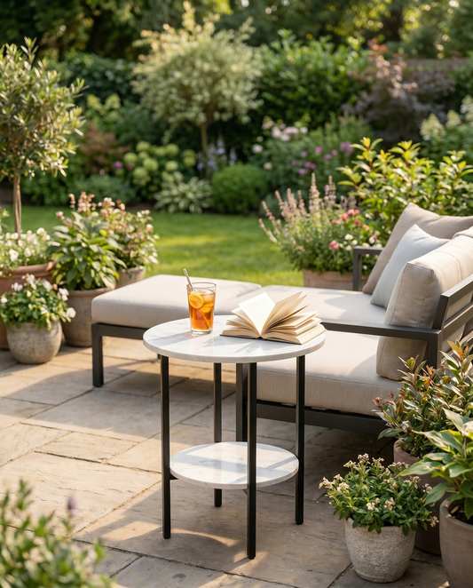 Round faux-marble double-shelf side table on a sunny patio with iced drink and book