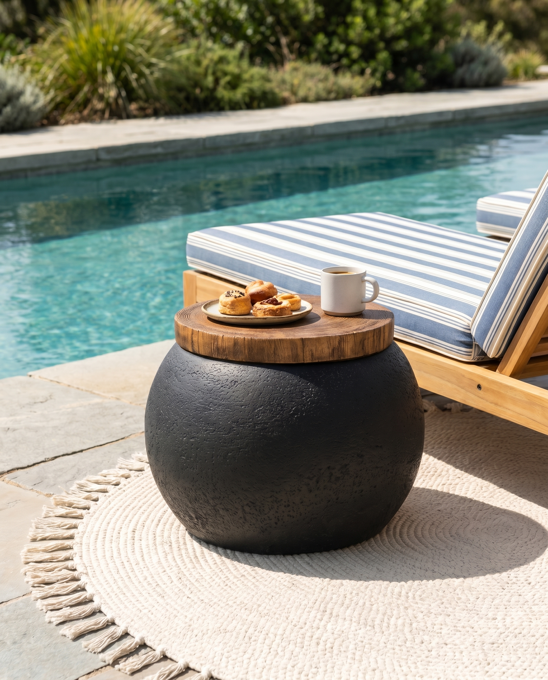 Black concrete ball side table with wood top poolside beside a lounger