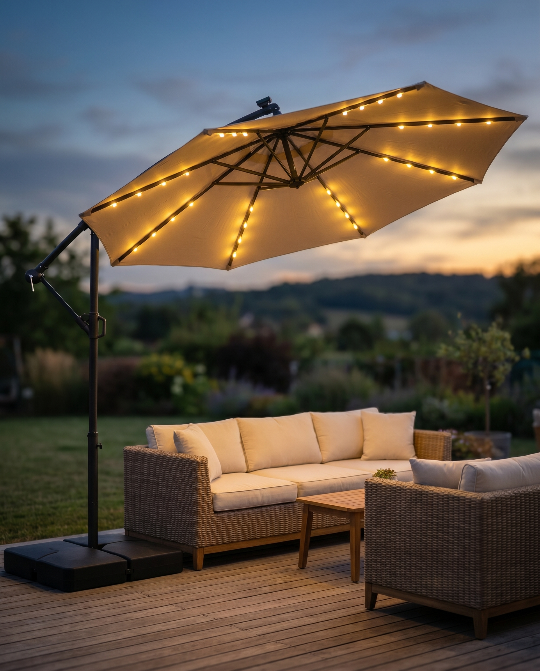 Solar LED cantilever patio umbrella glowing over a patio lounge at dusk