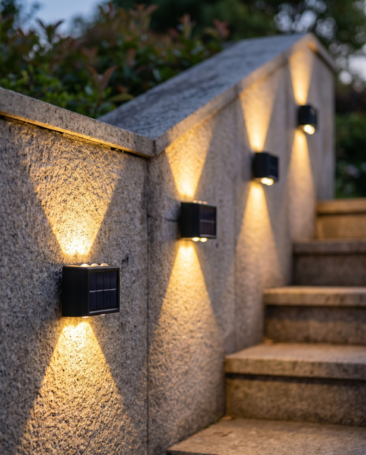 Solar up/down wall lights washing a stone garden wall at dusk