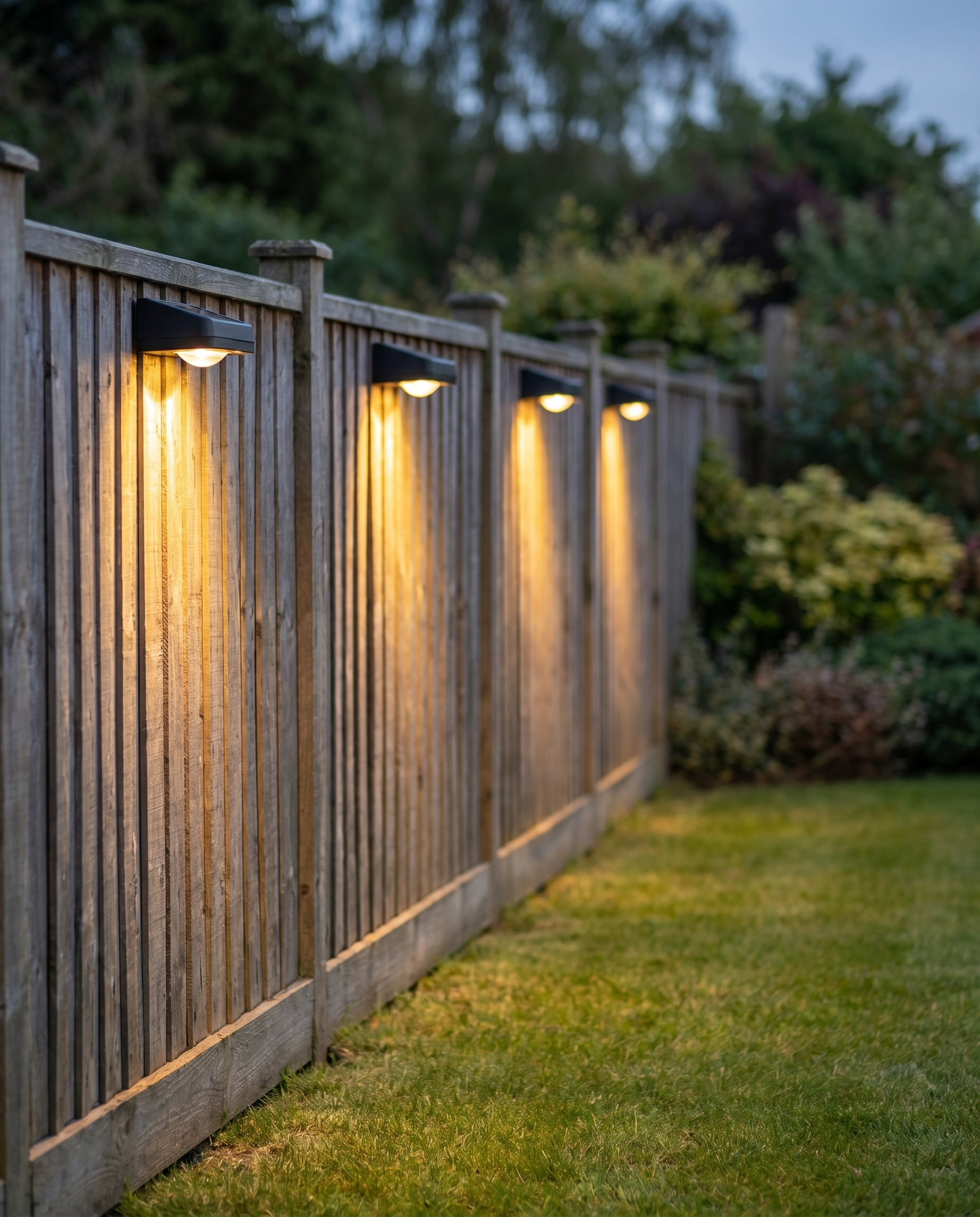 Solar fence lamps casting warm glow along a wooden fence at dusk