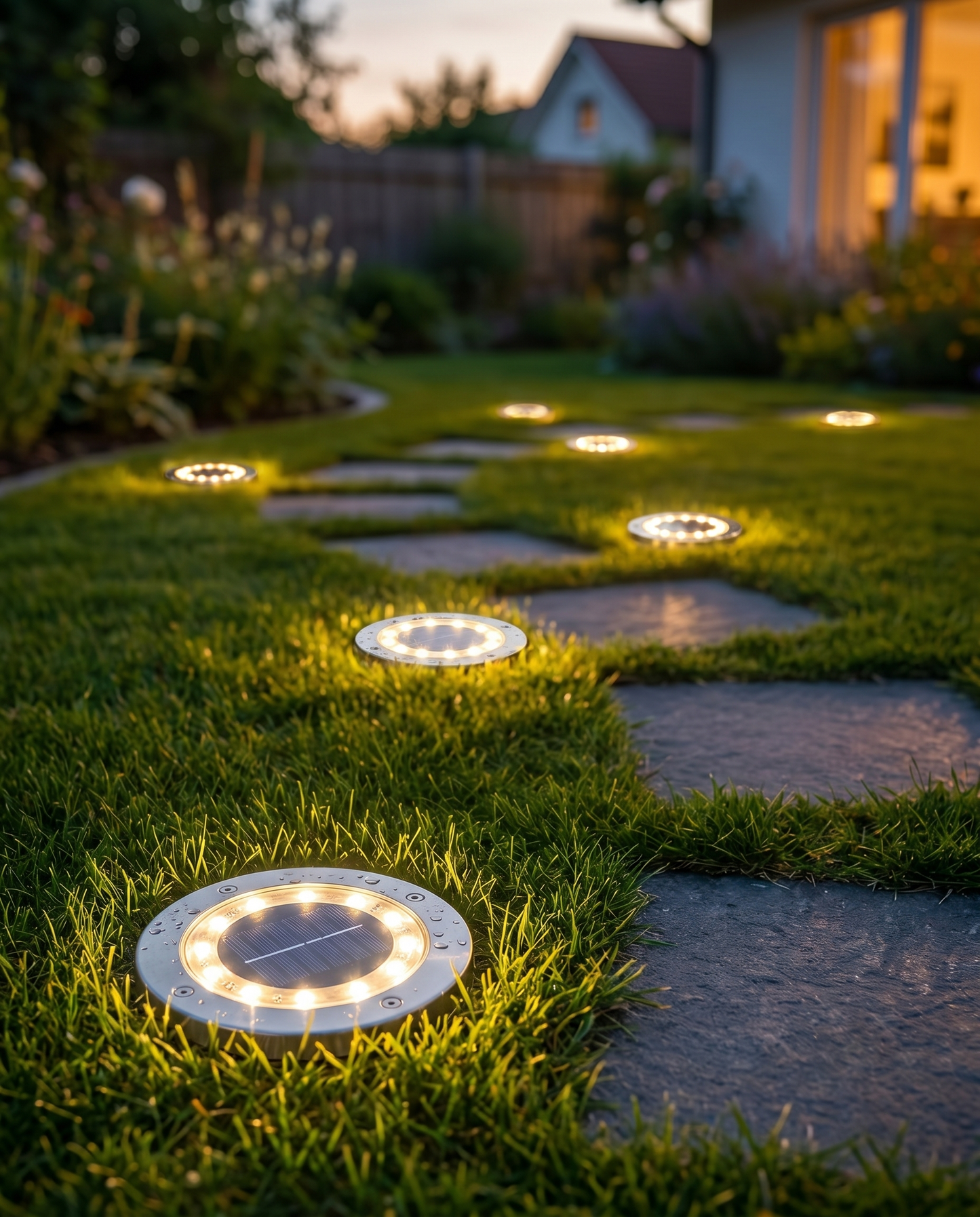 Round in-ground solar lights glowing along a steppingstone path at dusk