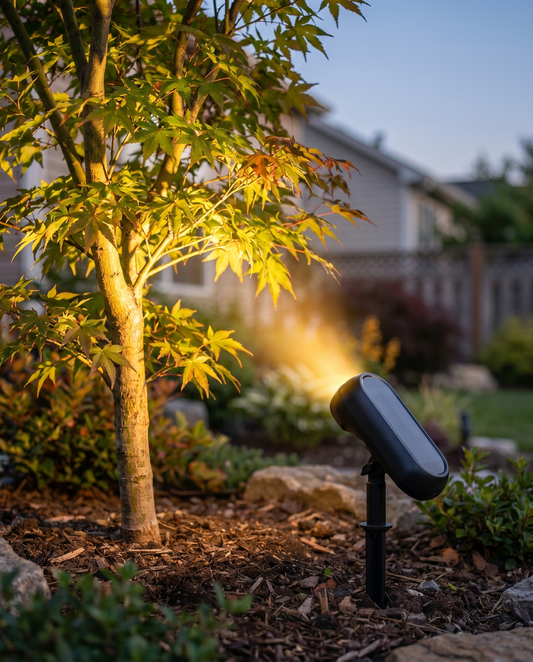 Black solar spotlight uplighting a maple tree in a garden at dusk