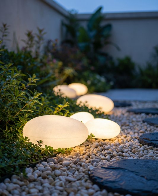 Solar pebble garden lights glowing on gravel at dusk