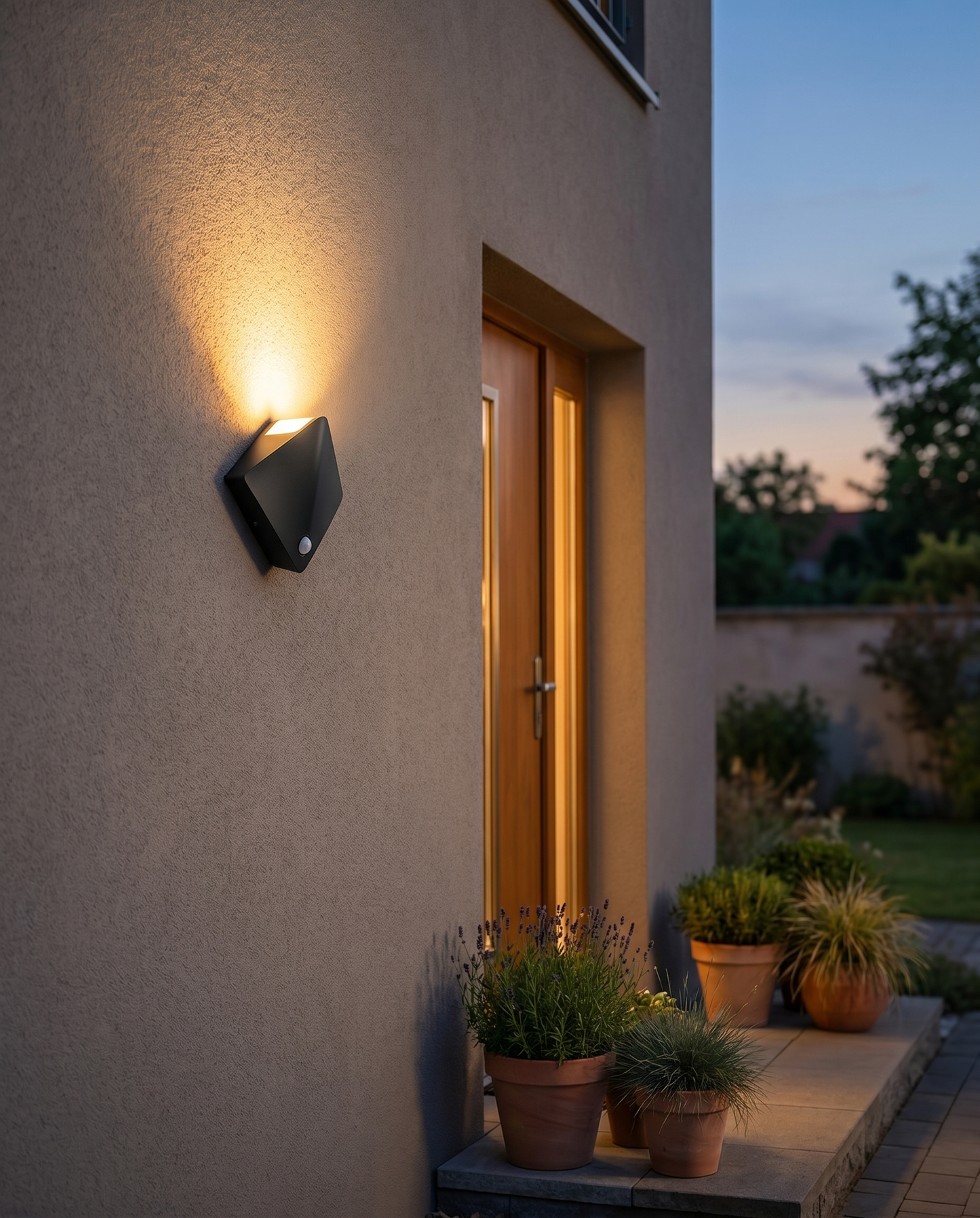 Black motion-sensor wall light glowing beside a door at dusk