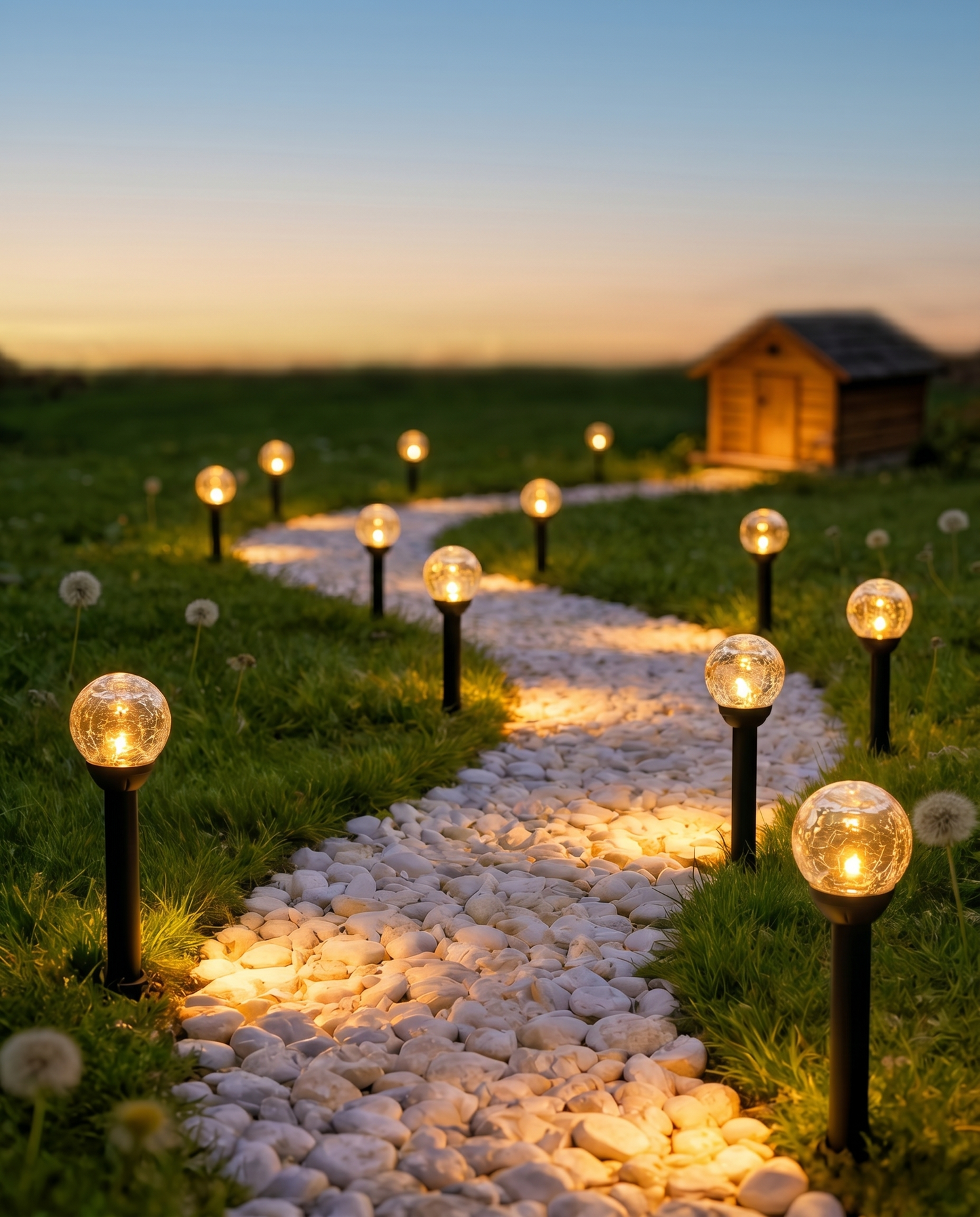 Crackle-glass bubble ball stake lights glowing along a pebble path at dusk