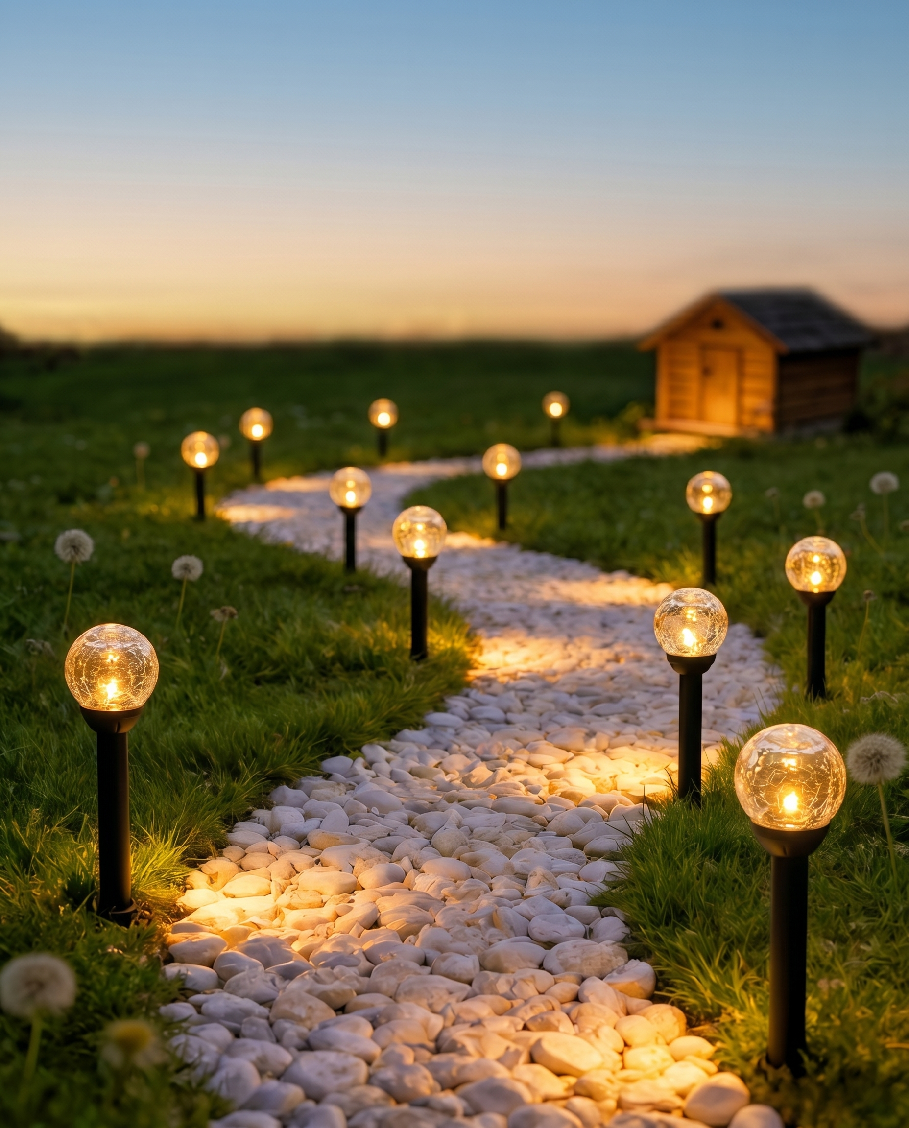 Crackle-glass bubble ball stake lights glowing along a pebble path at dusk