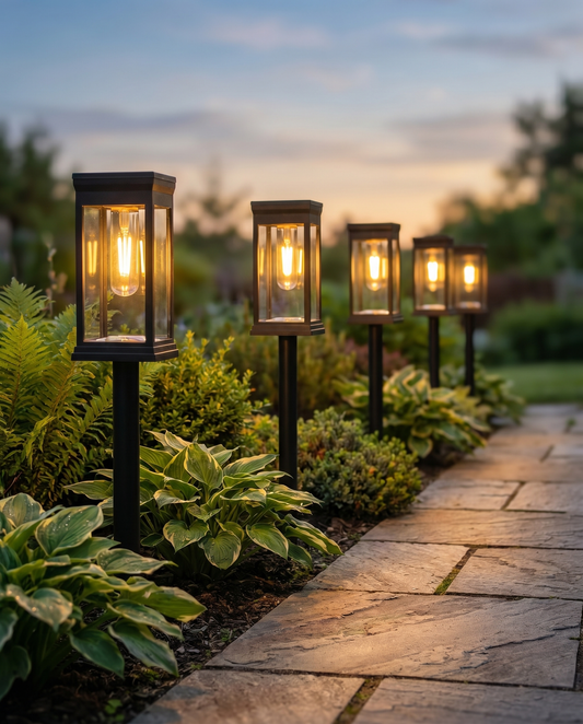 Black mini street-lamp solar path lights glowing along a garden path at dusk