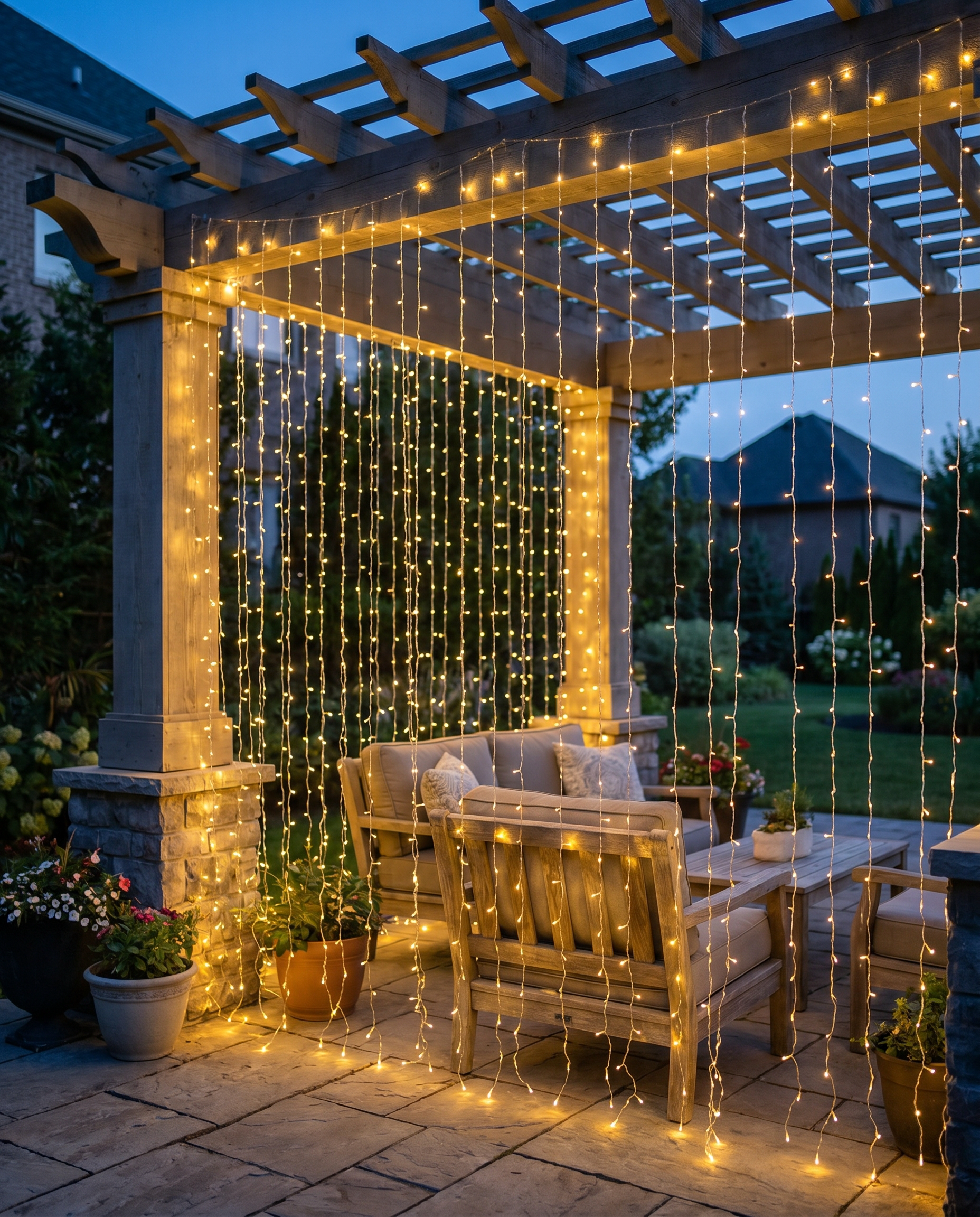Warm waterfall curtain fairy lights draped from a pergola over a patio at dusk