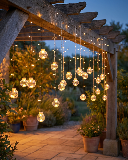 Crackle-glass wishing ball string lights hanging from a pergola at dusk