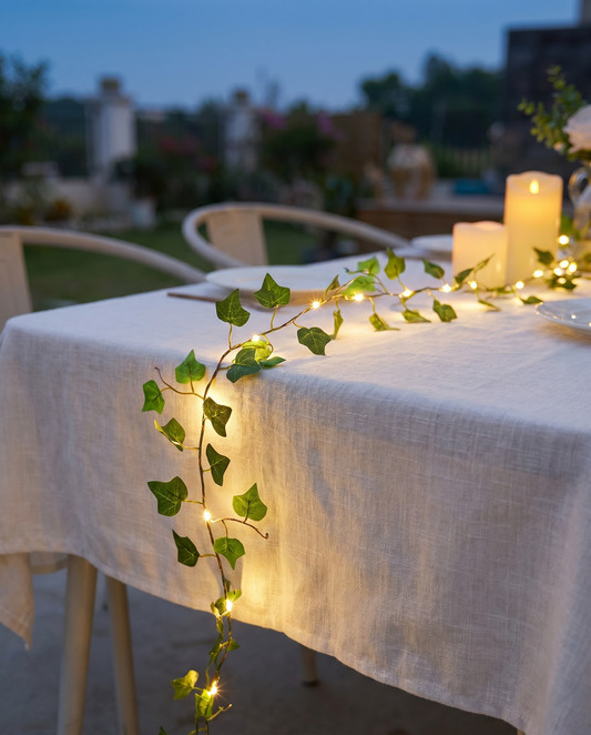 Copper-wire leaf string lights glowing along an outdoor dining table at dusk