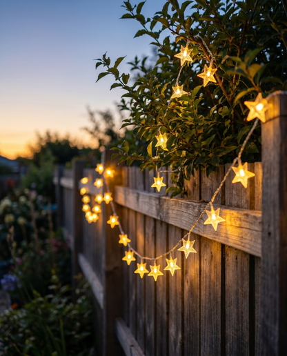 Warm star fairy string lights draped along a garden fence at dusk