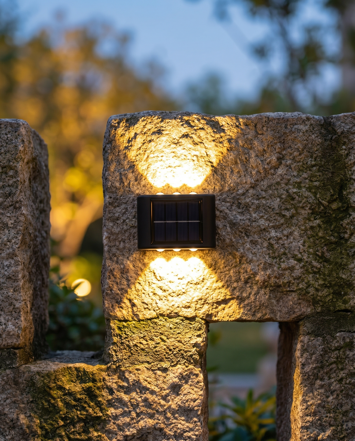 Solar up/down wall sconces glowing on a stone garden pillar at dusk