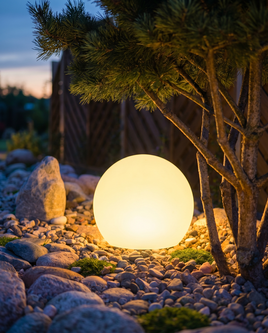 Glowing globe ball garden light in a rock garden at dusk