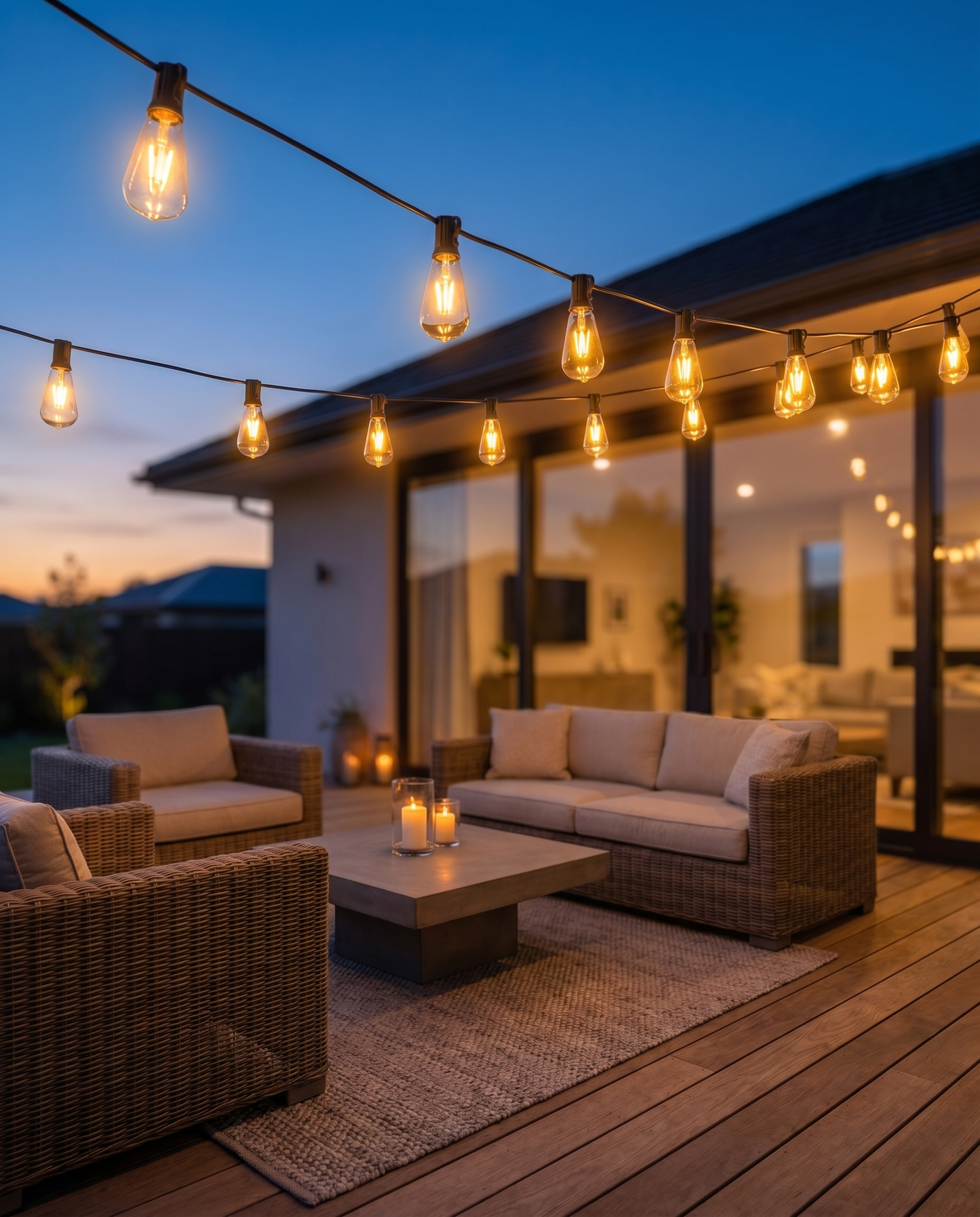 ST38 Edison string lights glowing over a deck patio at blue hour