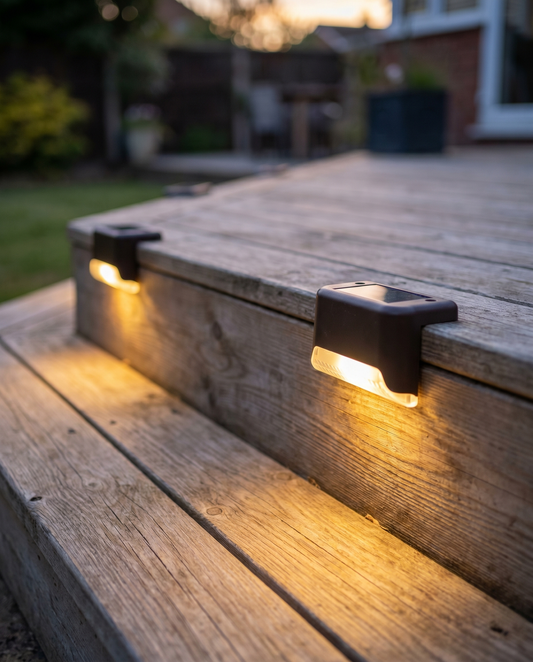 Solar step lights glowing on wooden deck steps at dusk