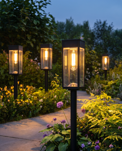 Black lantern-head pathway lights glowing along a flowering garden path at dusk
