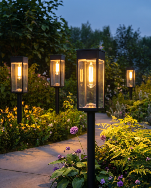 Black lantern-head pathway lights glowing along a flowering garden path at dusk