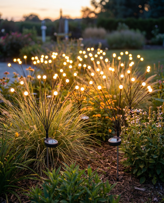 Solar firefly stake lights sparkling among ornamental grasses at dusk