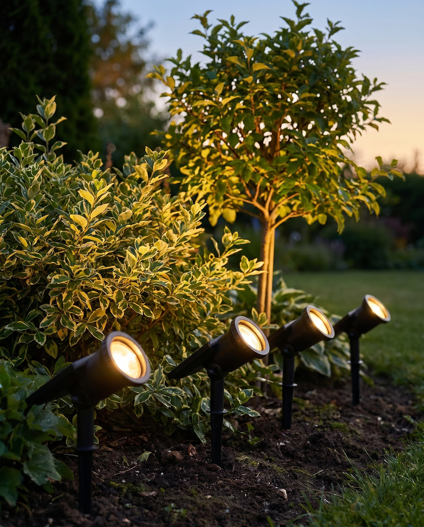 Black solar landscape spotlights uplighting shrubs at dusk