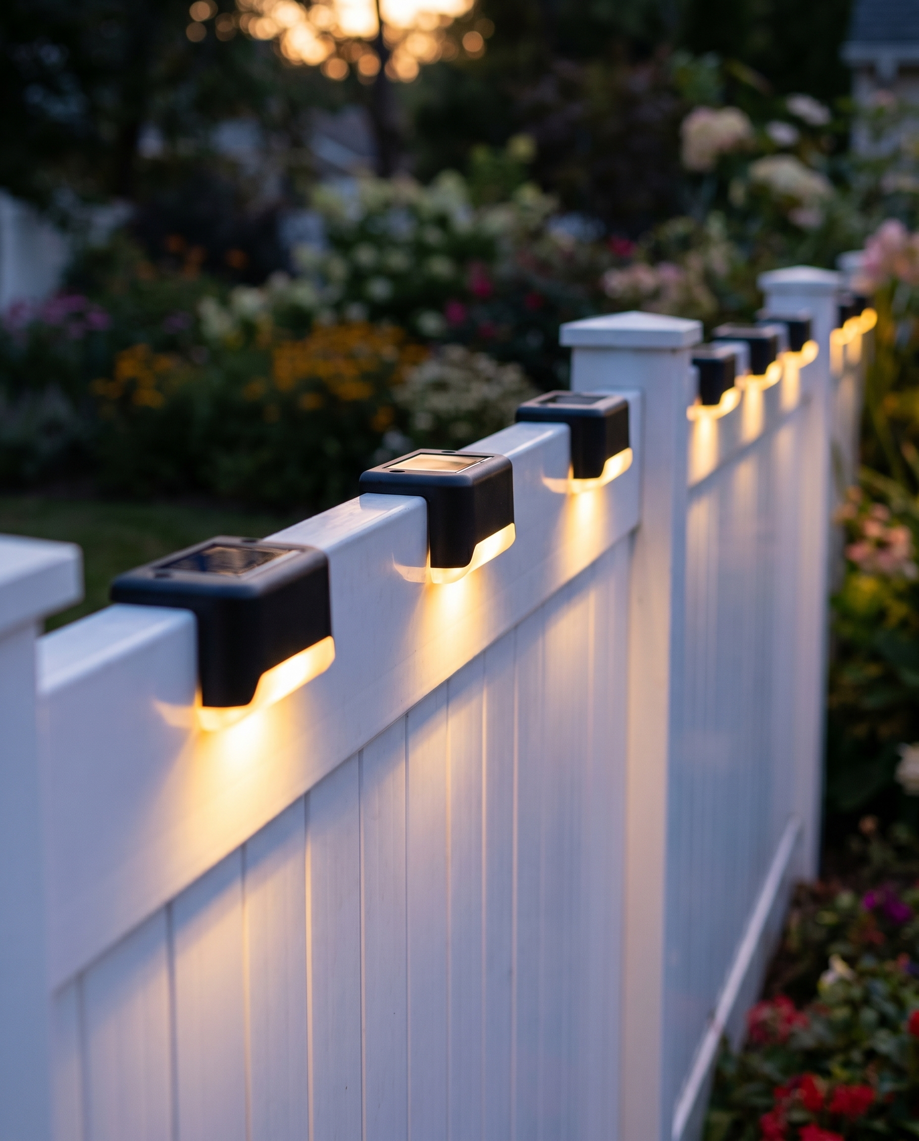 Black solar deck cap lights glowing along a white fence at dusk