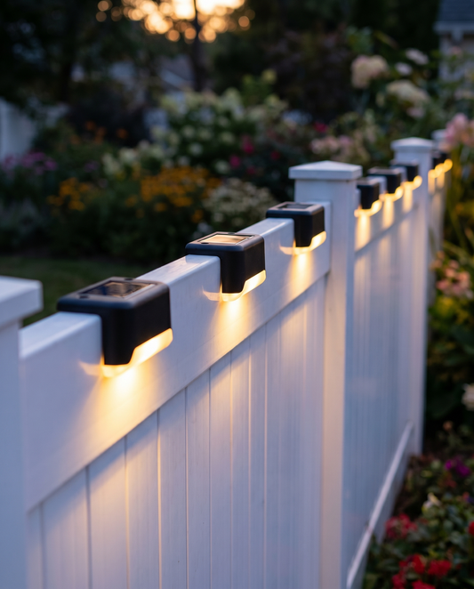 Black solar deck cap lights glowing along a white fence at dusk