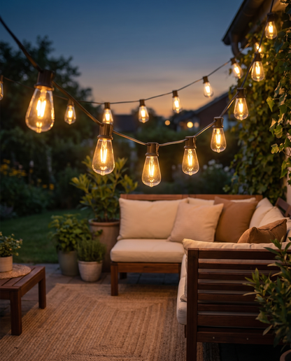 ST38 Edison solar string lights glowing over a cosy patio at blue hour