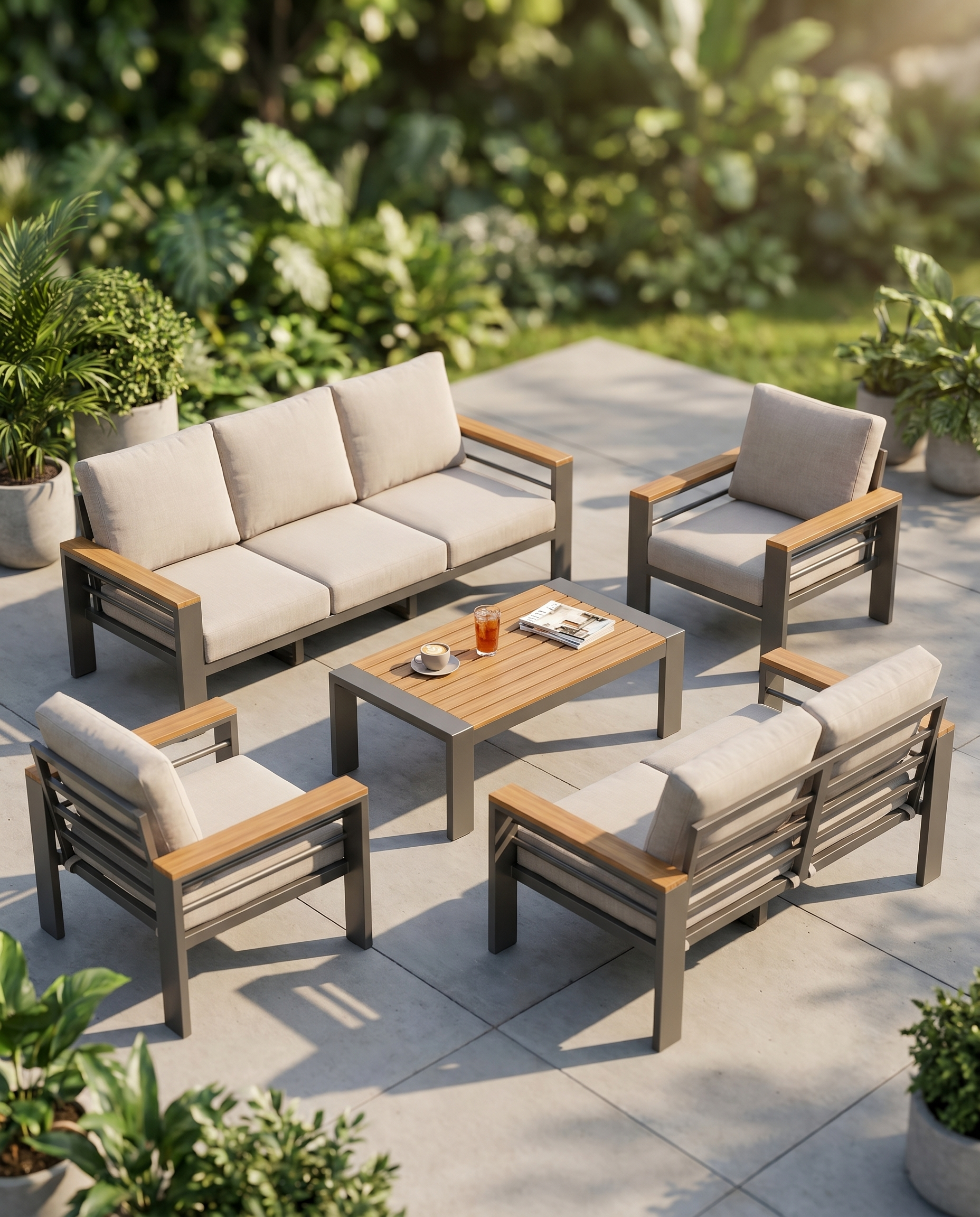 Aluminium patio furniture set with beige cushions on a sunny garden patio