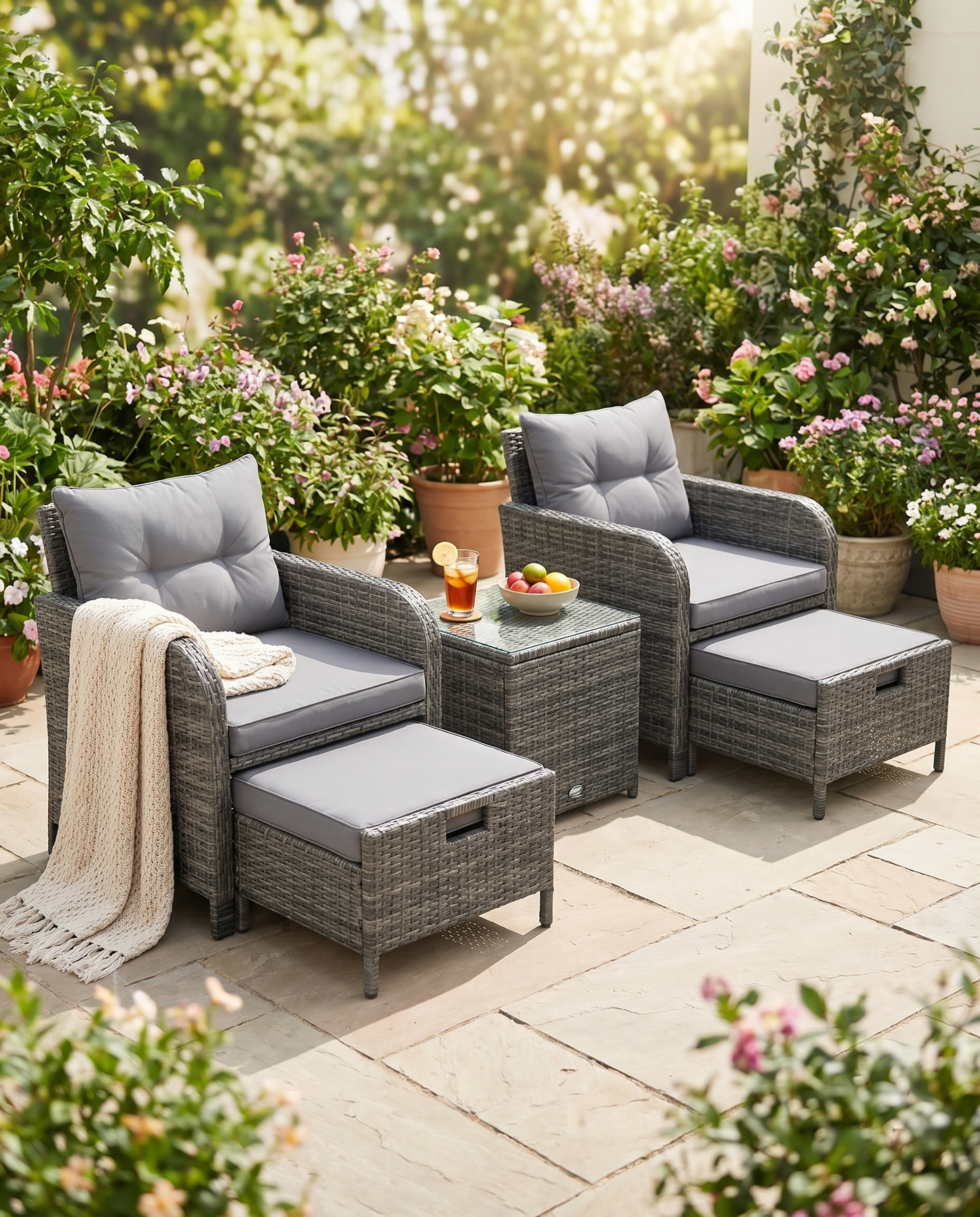 5-piece grey wicker patio set with ottomans on a flower-filled patio