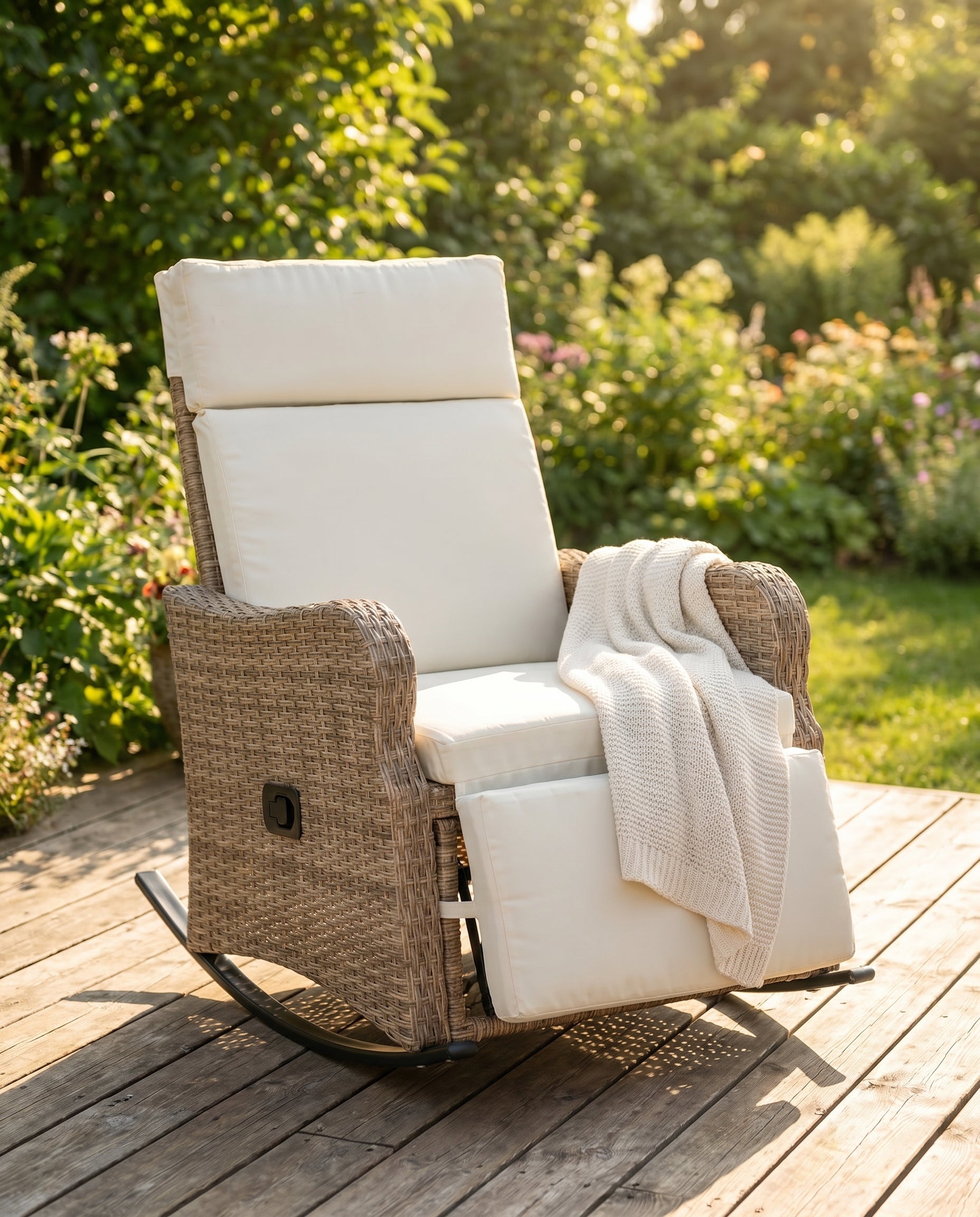 Natural rattan recliner rocking chair with cream cushions on a garden deck