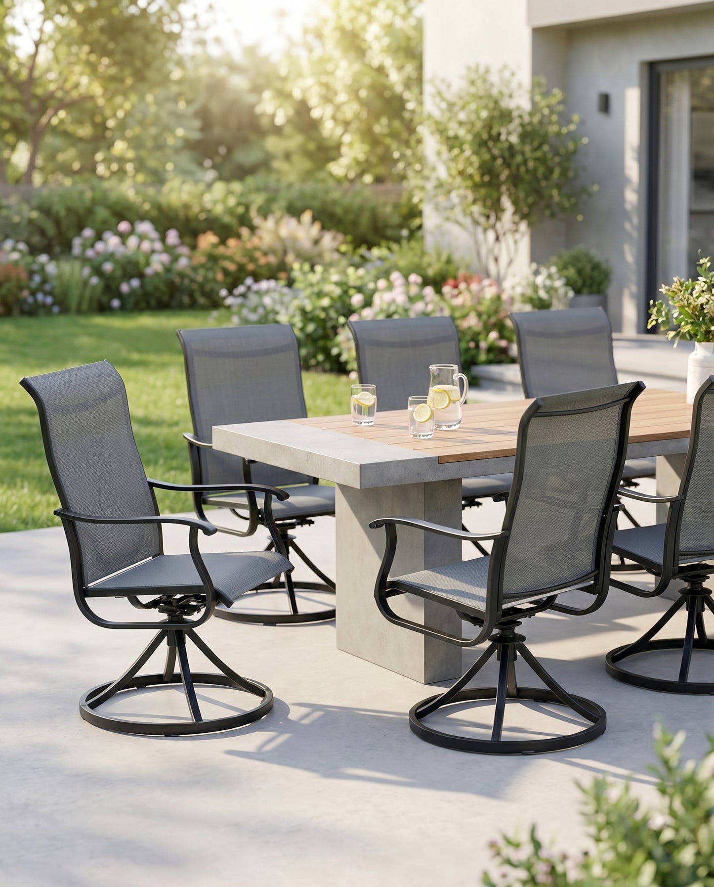 360-degree swivel patio dining chairs around a table on a sunny patio
