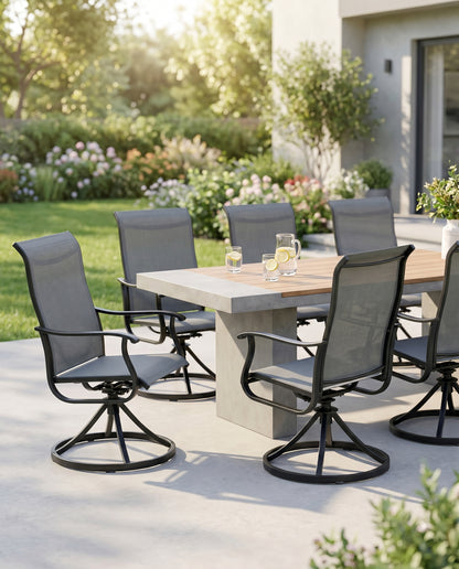 360-degree swivel patio dining chairs around a table on a sunny patio