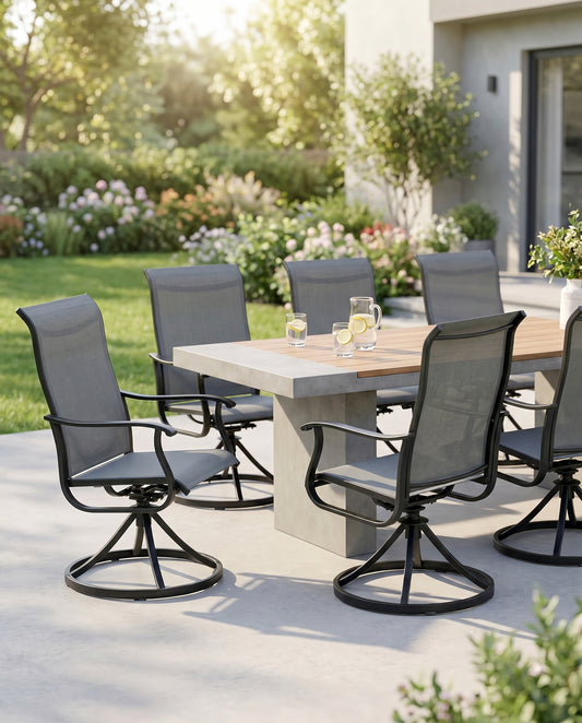 360-degree swivel patio dining chairs around a table on a sunny patio