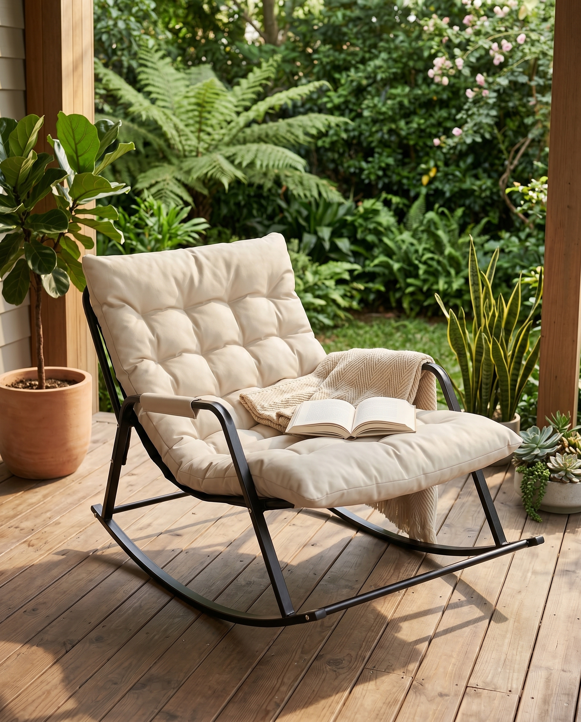 Oversized metal rocking lounge chair with beige cushion on a garden porch