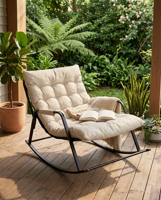 Oversized metal rocking lounge chair with beige cushion on a garden porch