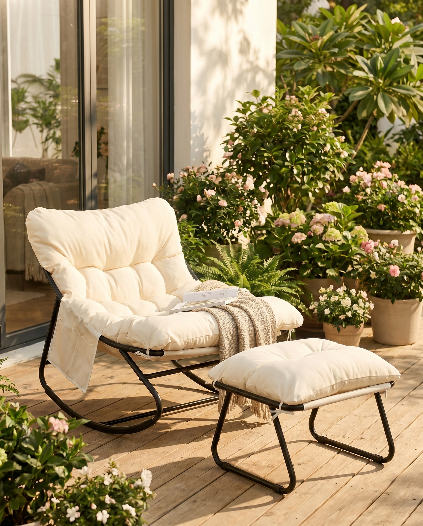 Cream papasan rocking chair with ottoman on a plant-filled patio