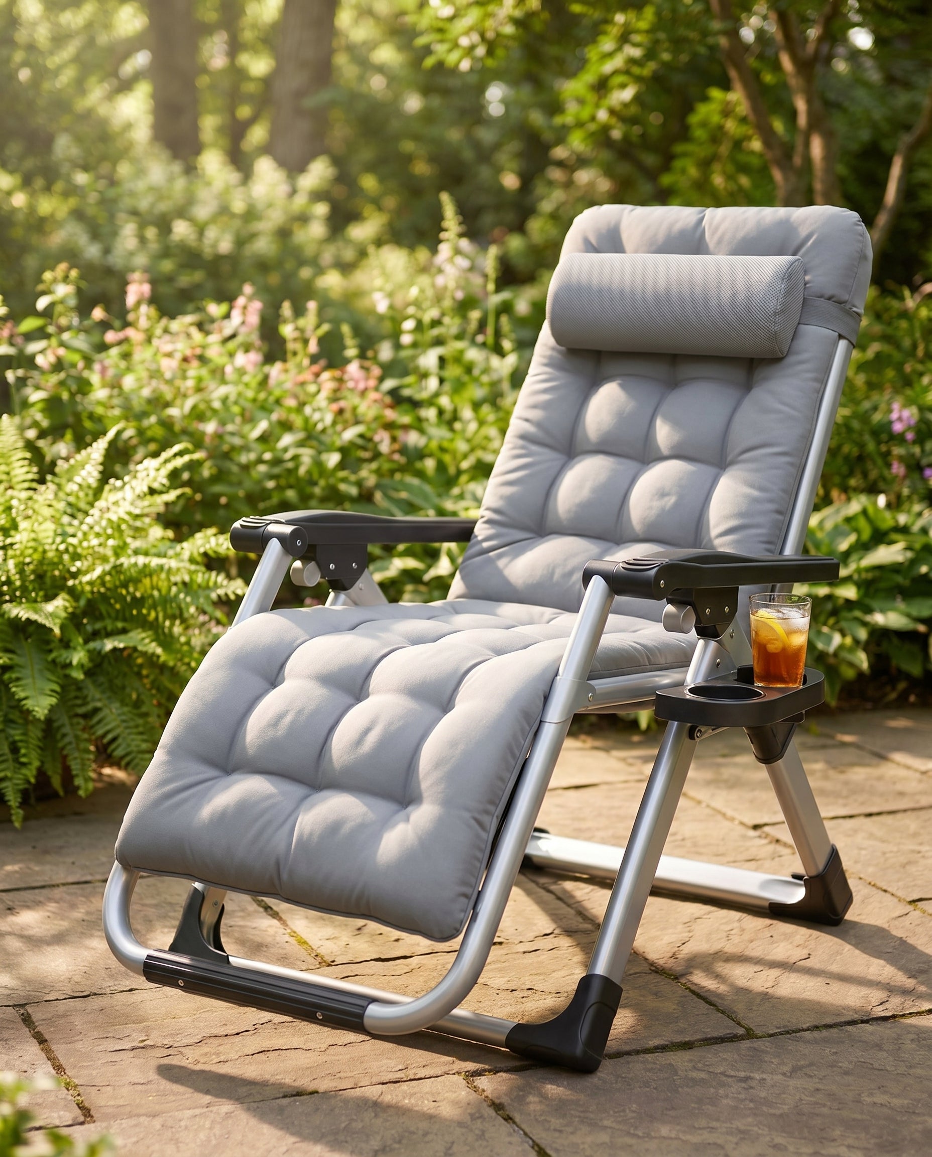 Grey zero-gravity reclining patio chair in a sunny garden