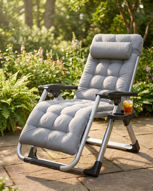 Grey zero-gravity reclining patio chair in a sunny garden